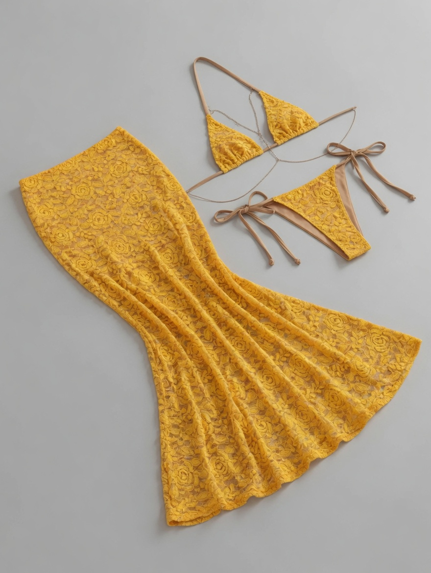 Coco Lace Three Piece Bikini Set with Skirt in Yellow