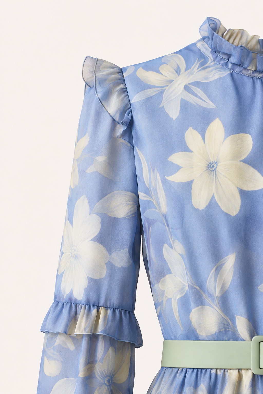Amara Ruffle Print Kaftan Maxi Dress in Blue