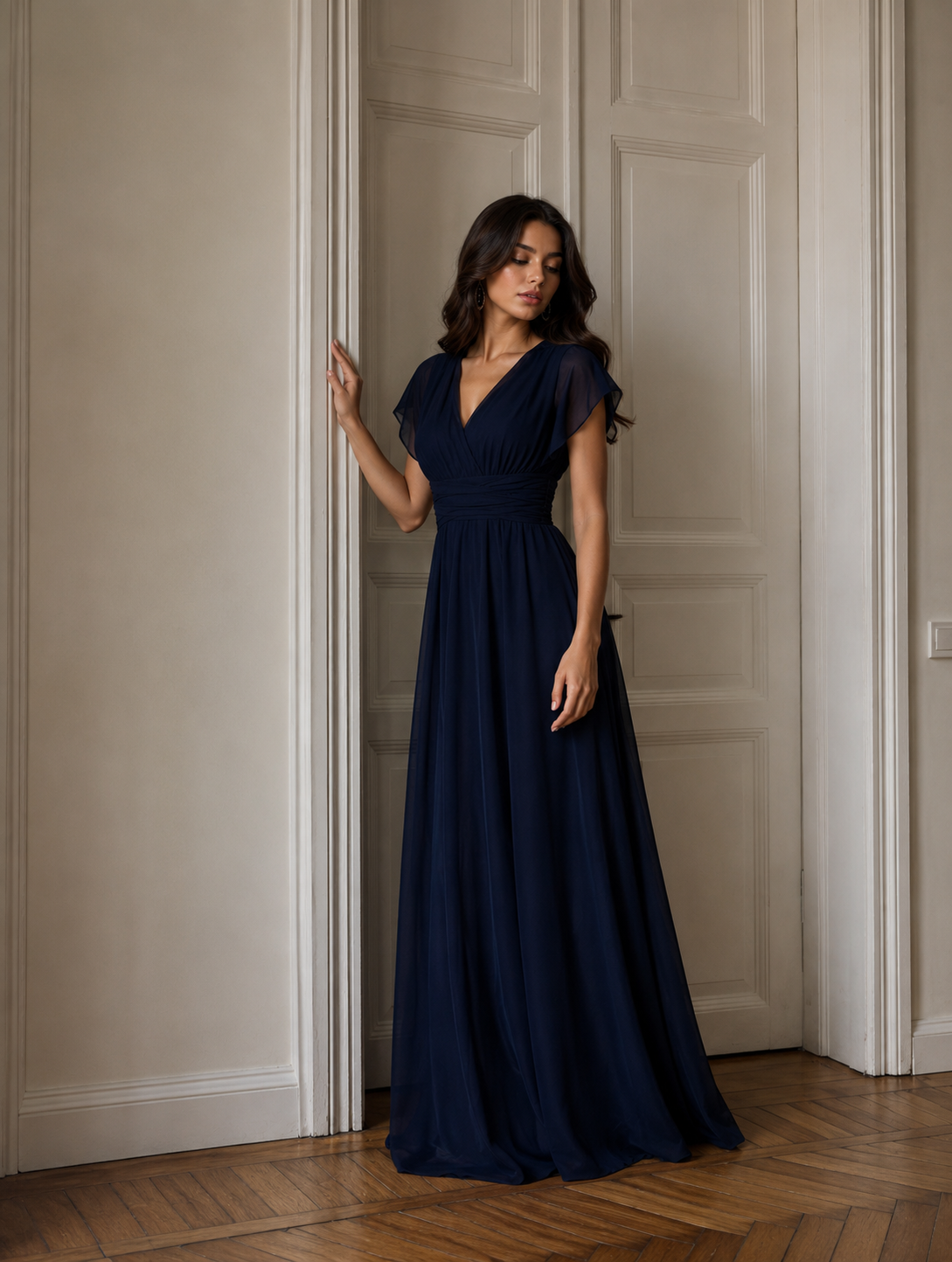 Adele Flutter Mesh Sleeve Chiffon Midi Dress in Navy