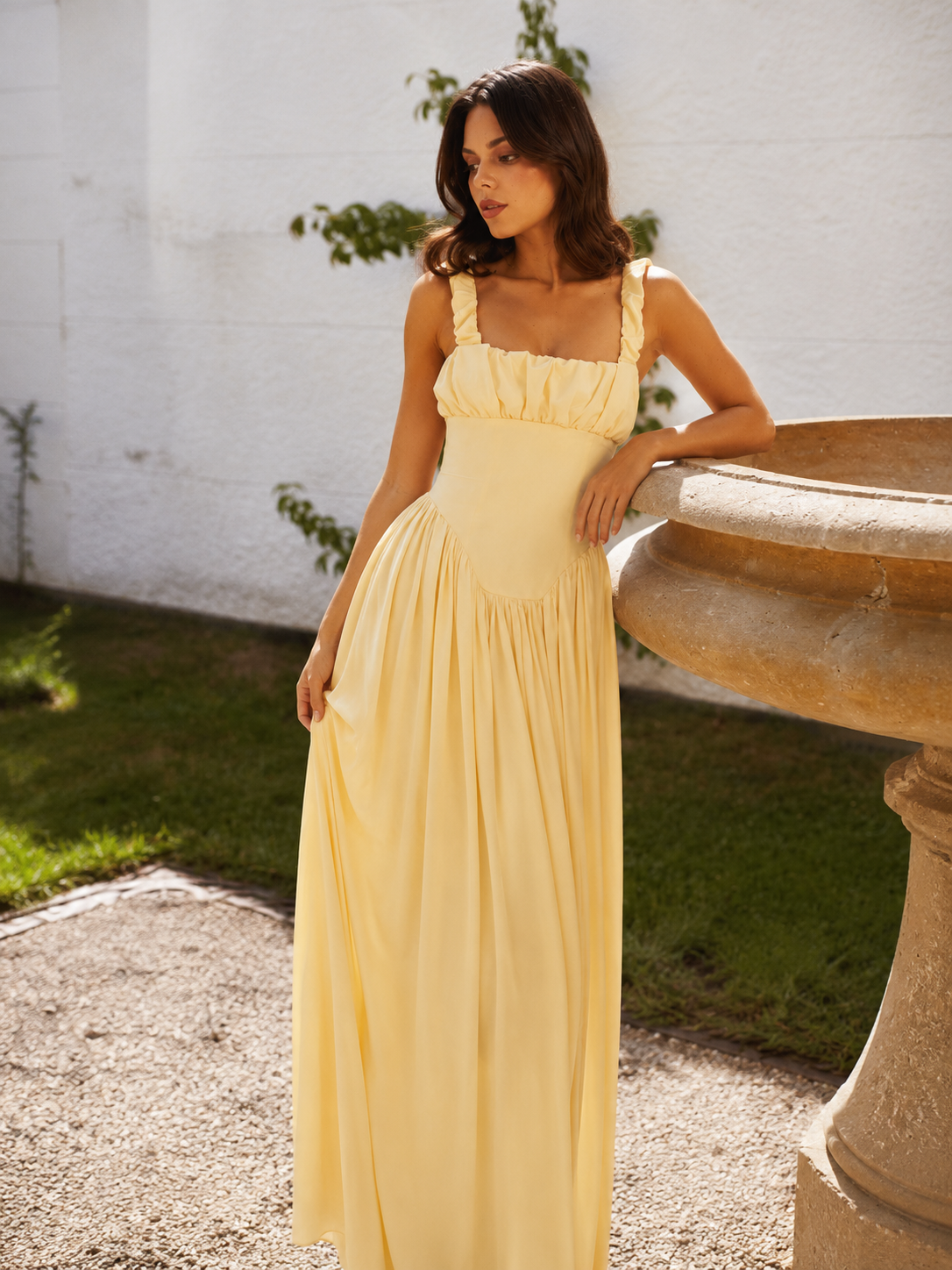 Juliet Satin Square Neck Backless Pleated Midi Dress in Yellow