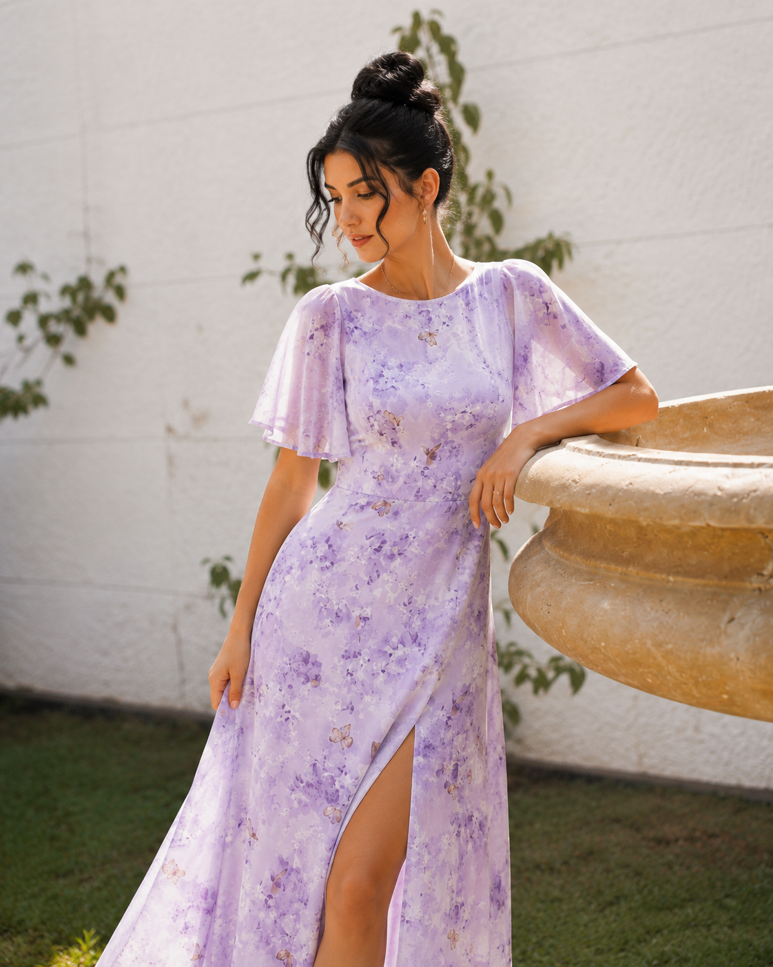 Violette Butterfly Print Batwing Mini Dress in Lavender