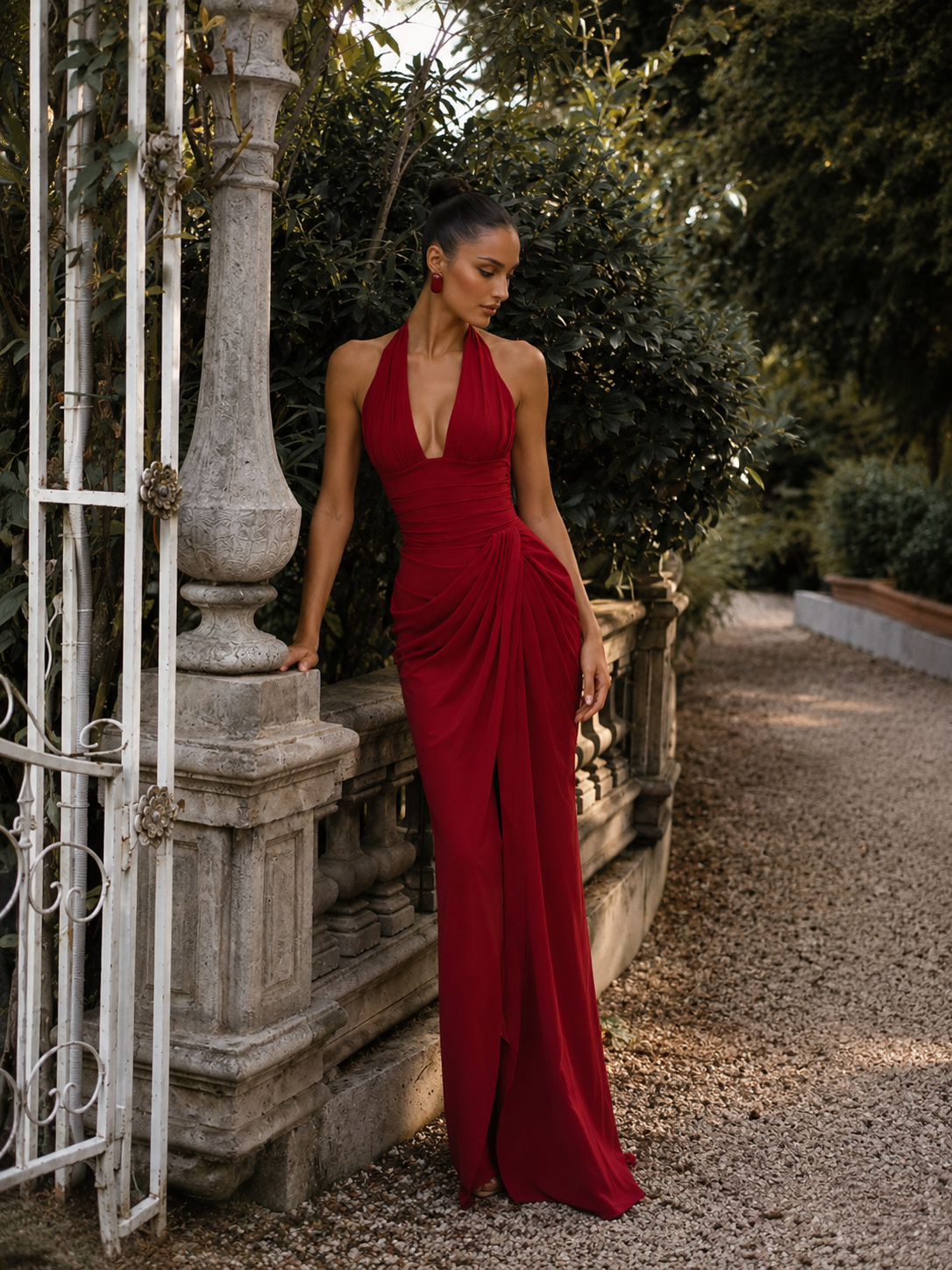 Xanthe Halter Deep V Ruched High Slit Satin Maxi Dress