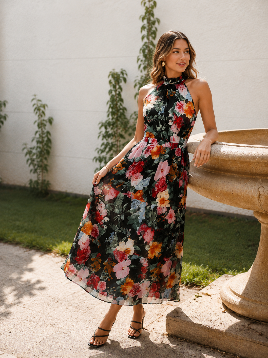 Averil Halter High Neck Print Chiffon Maxi Dress
