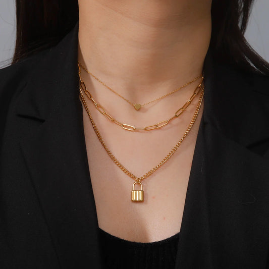 Lois Heart Lock Layered Stainless Steel Necklace