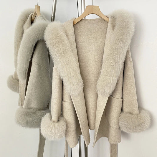 Oona Belted Wool Coat with Fur Trim Hood in Oatmeal