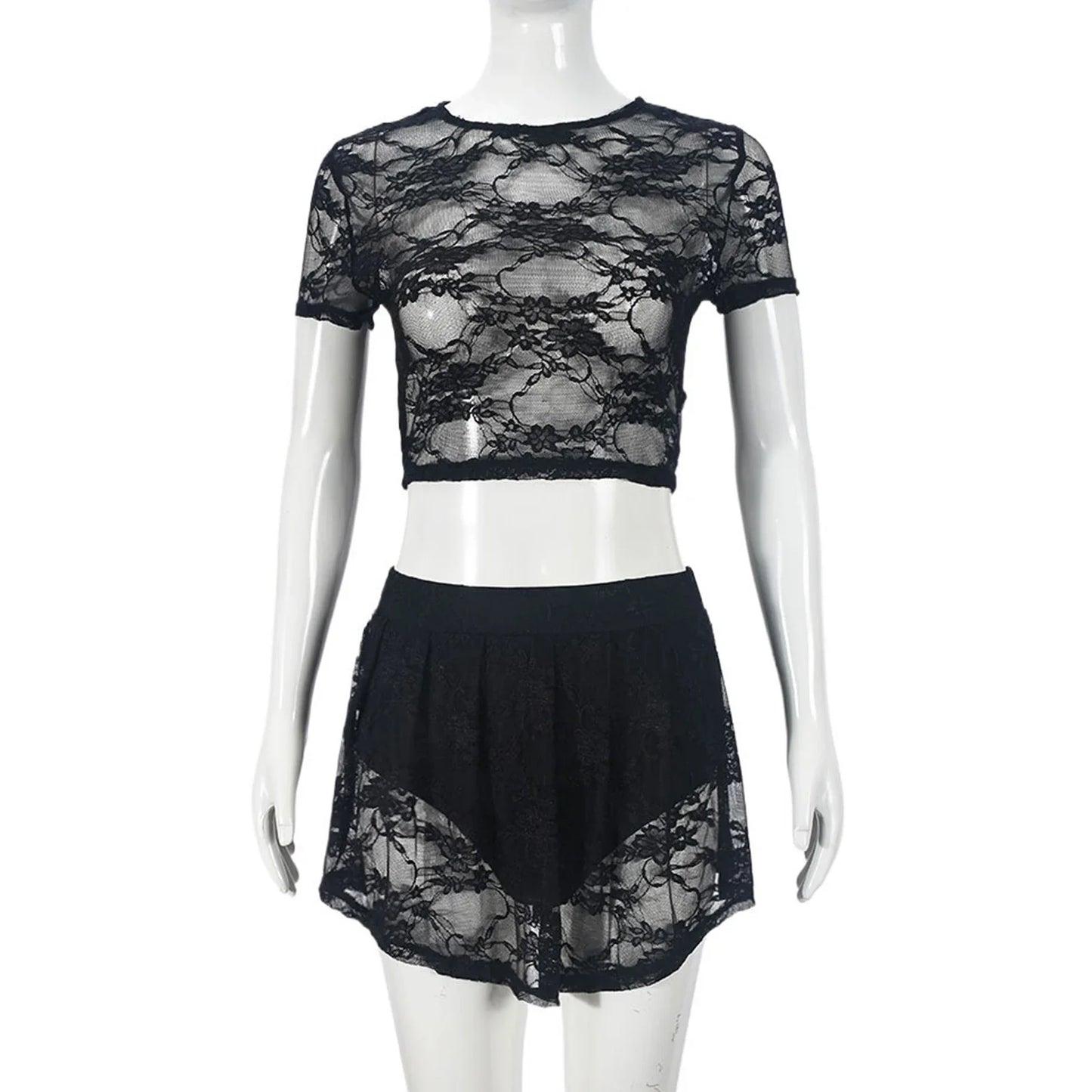 Kitty Sheer Lace Crop Top and Shorts Co-ord Set in Black