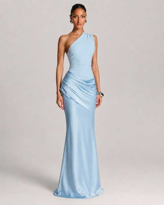 Vera One Shoulder Ruched Satin Evening Maxi Dress