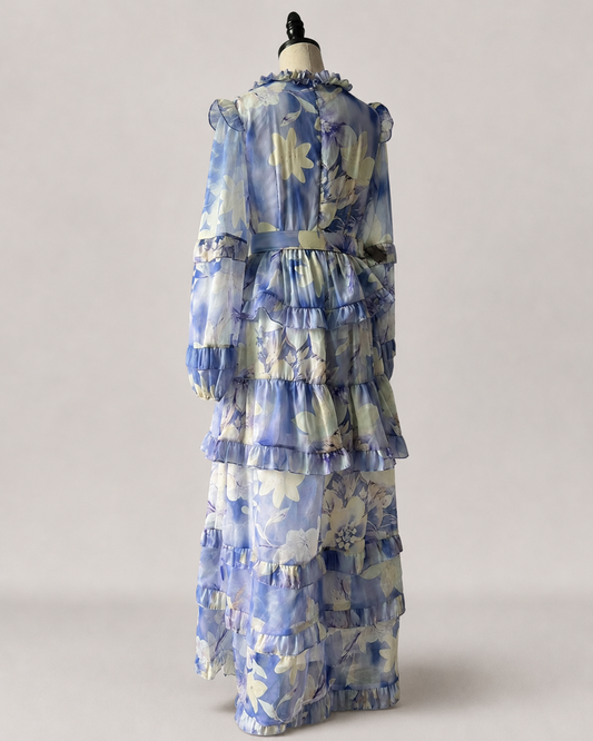 Amara Ruffle Print Kaftan Maxi Dress in Purple