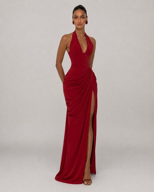 Xanthe Halter Deep V Ruched High Slit Satin Maxi Dress