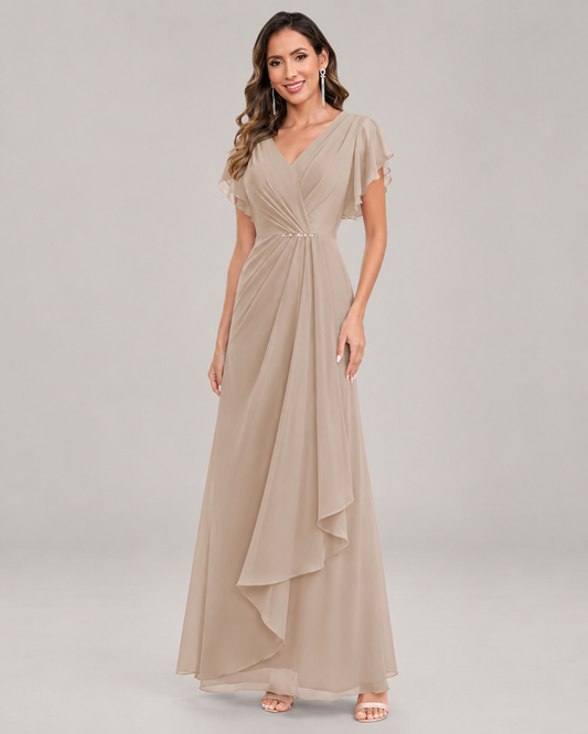 Beatrice Chiffon V-Neck Maxi Dress with Sleeves