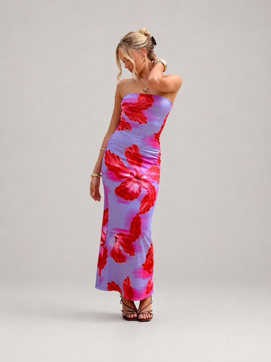 Calla Strapless Floral Print High Waist Midi Dress