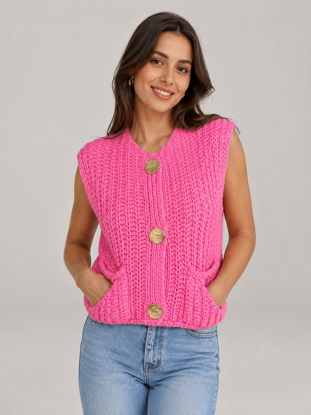 Nancy Sleeveless Crochet Knit Button Cardigan Gilet