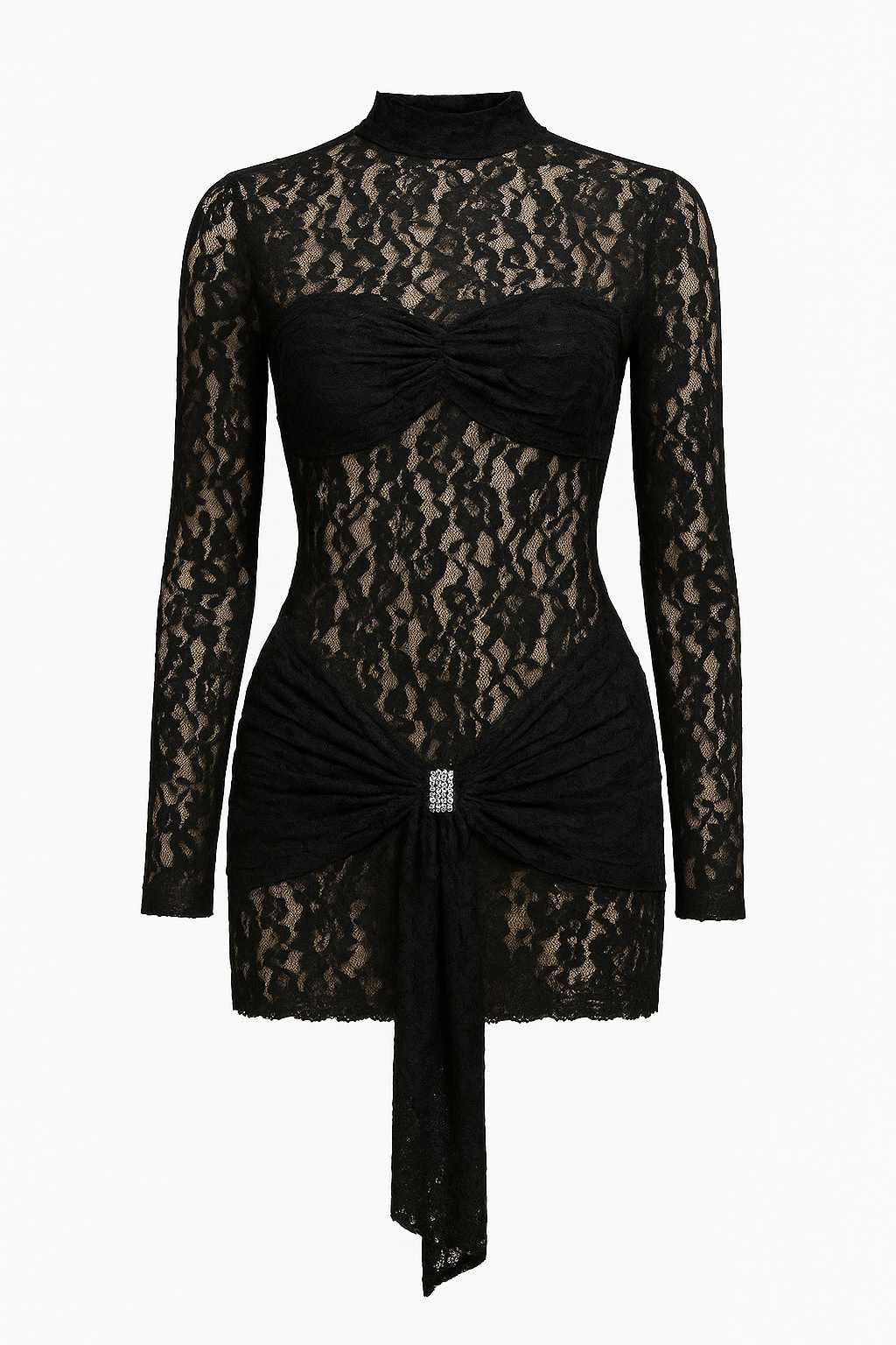 Willow Draped Long Sleeve Lace Mini Dress in Black