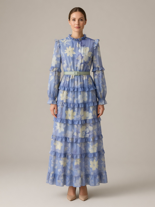 Amara Ruffle Print Kaftan Maxi Dress in Blue