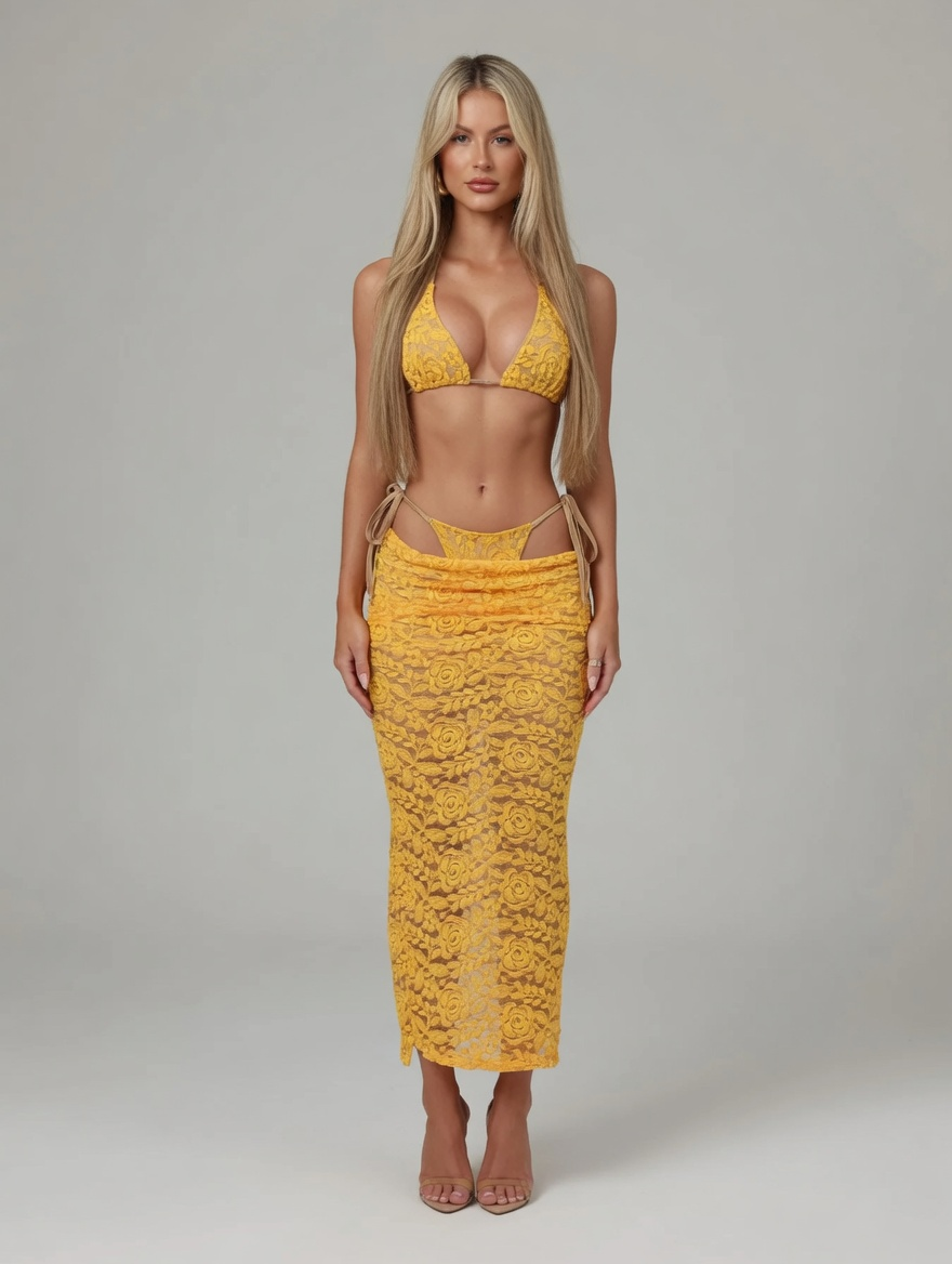 Coco Lace Three Piece Bikini Set with Skirt in Yellow