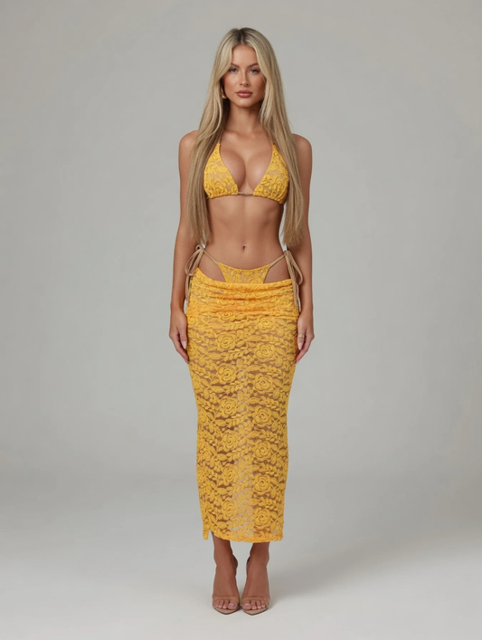 Coco Lace Three Piece Bikini Set with Skirt in Yellow