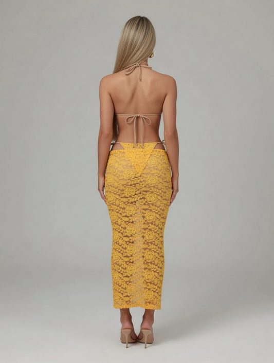 Coco Lace Three Piece Bikini Set with Skirt in Yellow