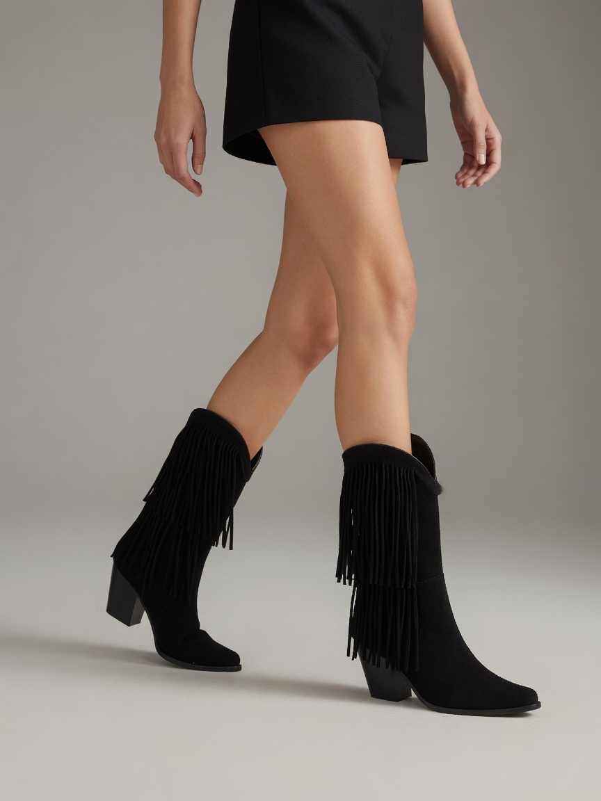 Tabitha Fringe Detail Block Heel Winter Boots