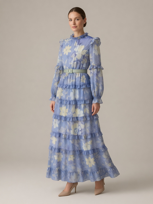 Amara Ruffle Print Kaftan Maxi Dress in Blue