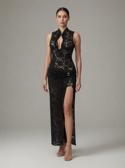 Nola Tank Cut-Out High Split Maxi Dress in Black