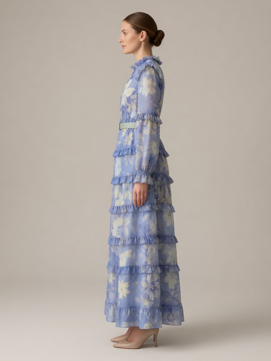Amara Ruffle Print Kaftan Maxi Dress in Blue