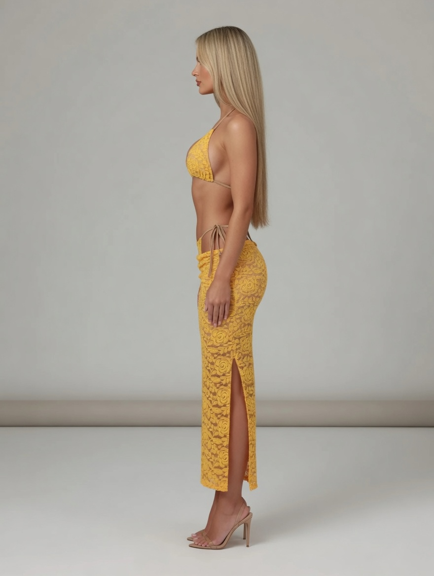 Coco Lace Three Piece Bikini Set with Skirt in Yellow