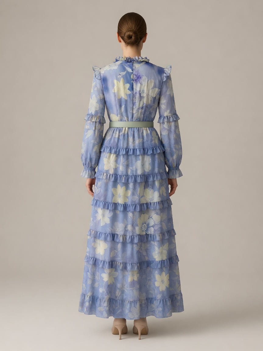 Amara Ruffle Print Kaftan Maxi Dress in Blue