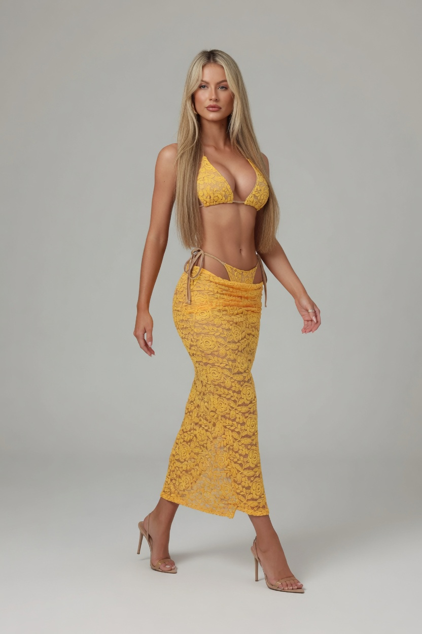Coco Lace Three Piece Bikini Set with Skirt in Yellow