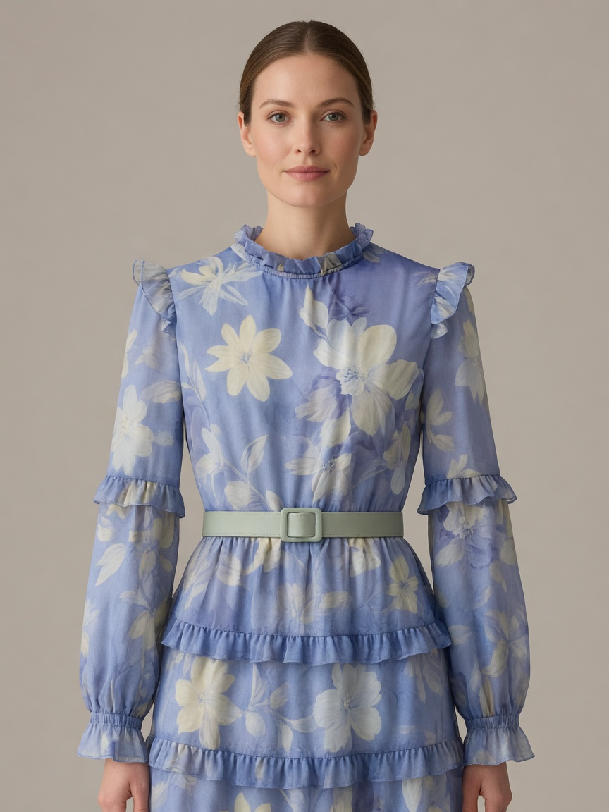 Amara Ruffle Print Kaftan Maxi Dress in Blue