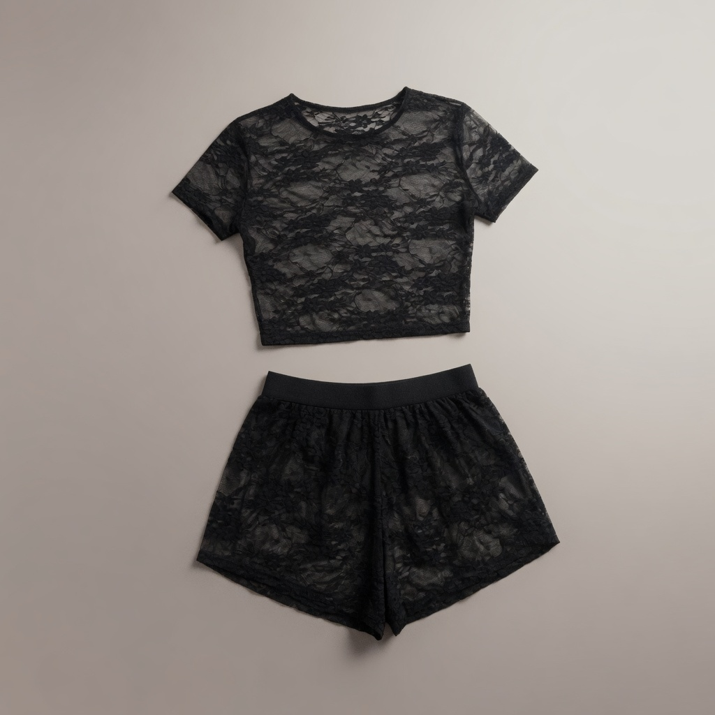 Kitty Sheer Lace Crop Top and Shorts Co-ord Set in Black