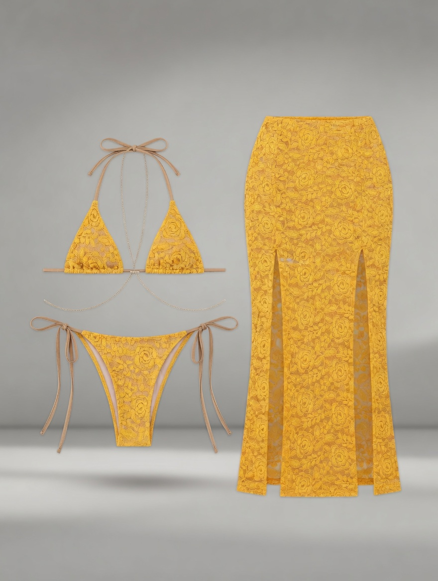 Coco Lace Three Piece Bikini Set with Skirt in Yellow