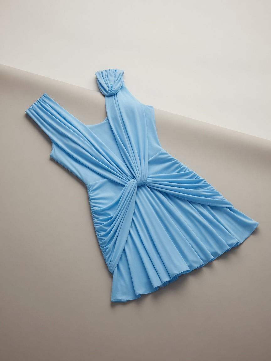 Halle Twist Front Deep V Pleated Mini Beach Dress in Blue