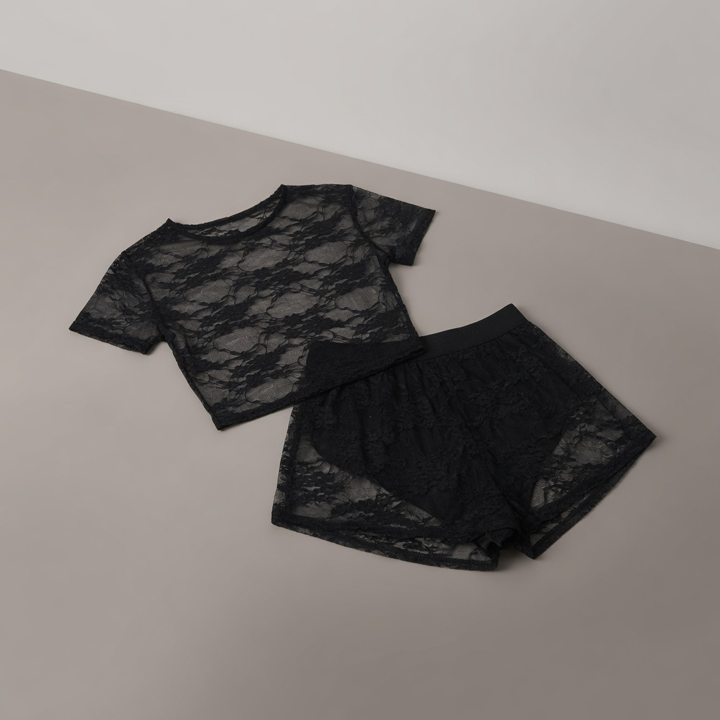 Kitty Sheer Lace Crop Top and Shorts Co-ord Set in Black