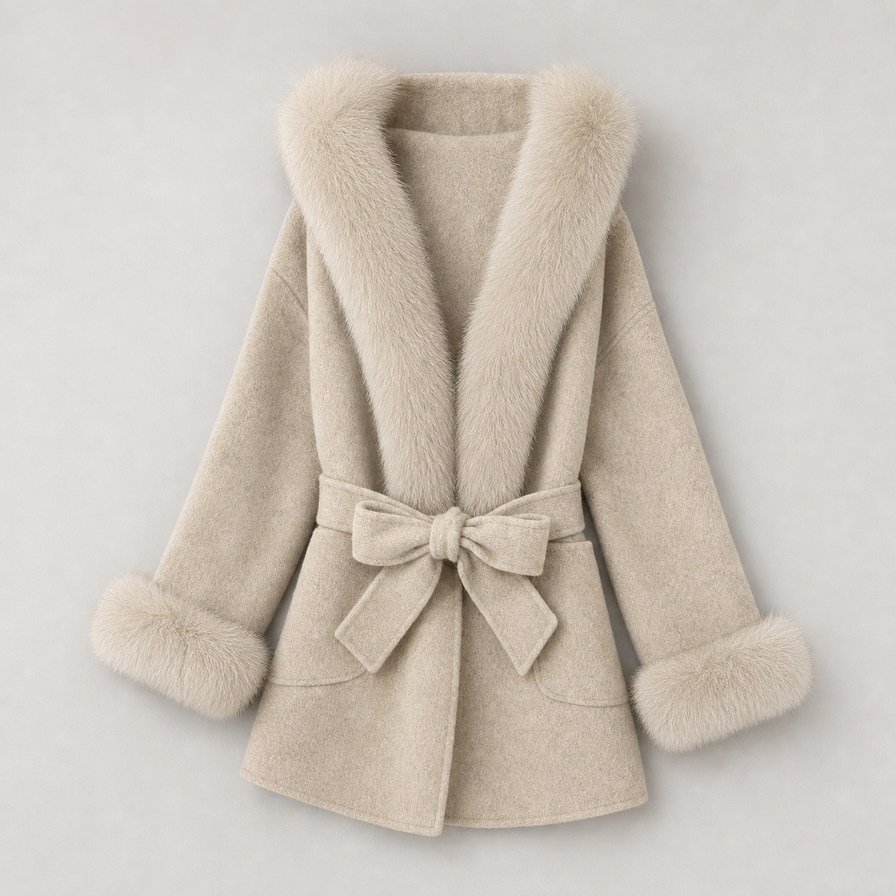 Oona Belted Wool Coat with Fur Trim Hood in Grey