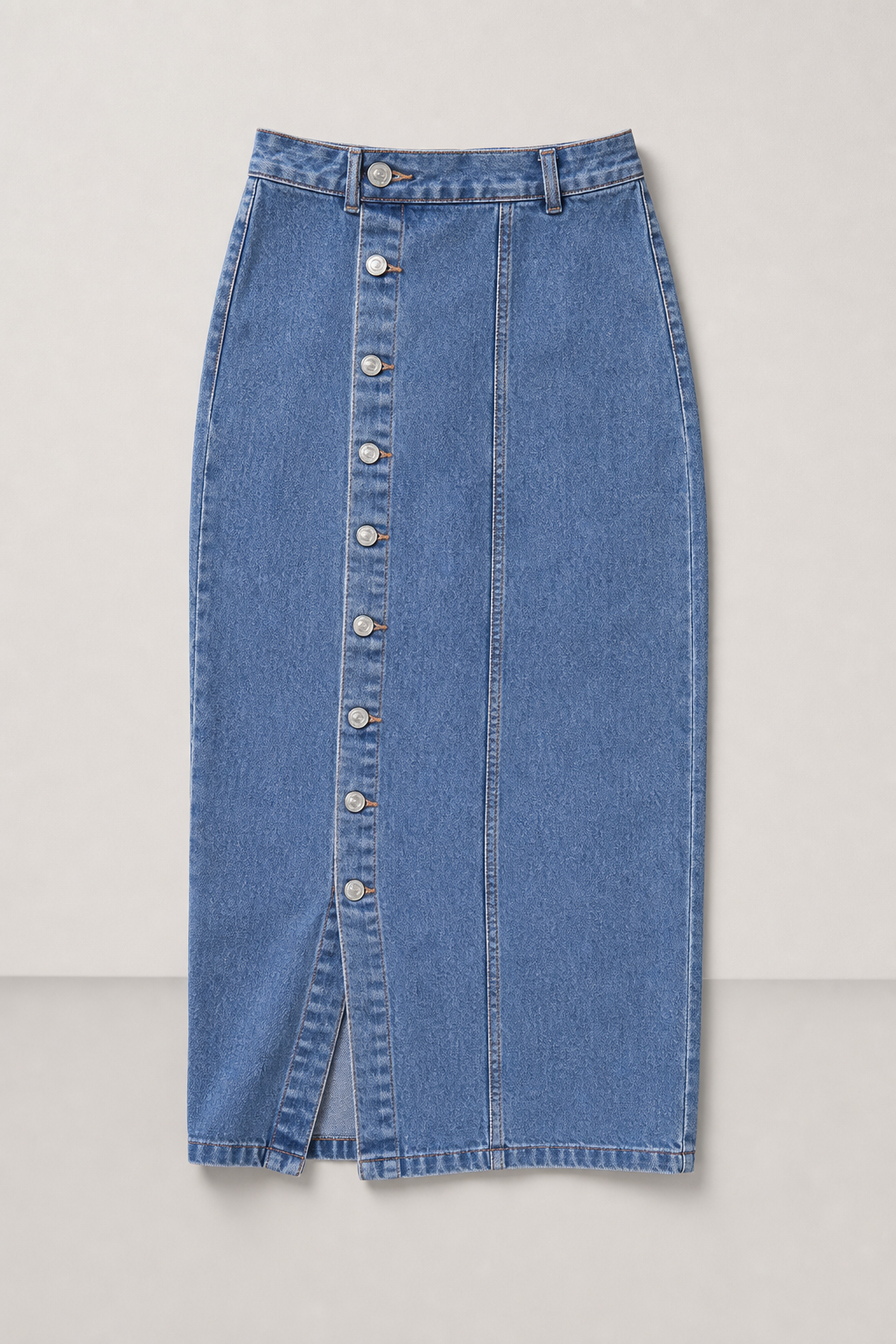Billie High Waisted Straight Cut Denim Midi Skirt