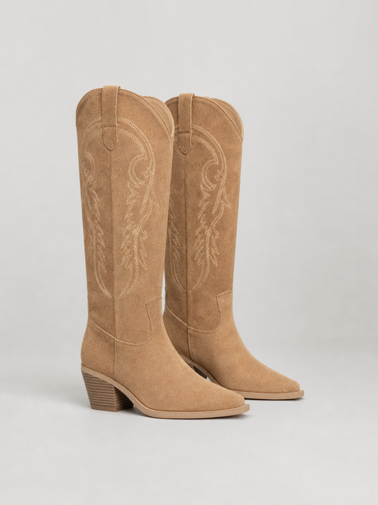 Clementine Embroidered Western Knee High Boots in Brown