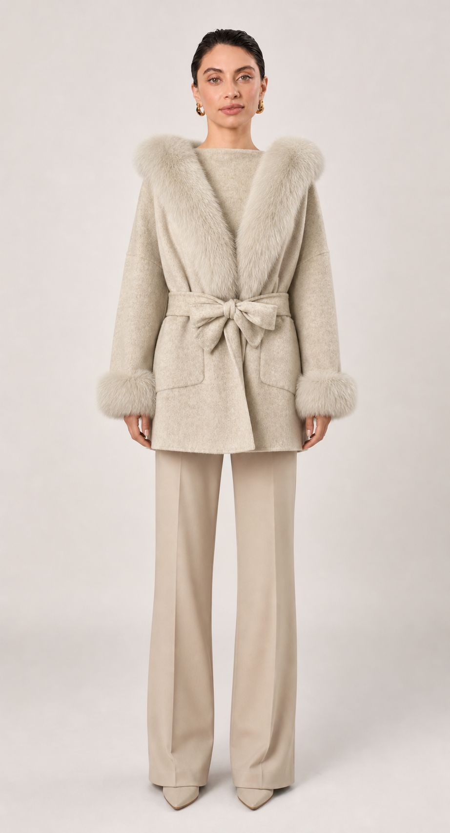 Oona Belted Wool Coat with Fur Trim Hood in Grey