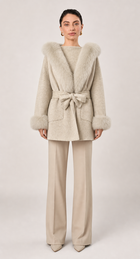 Oona Belted Wool Coat with Fur Trim Hood in Grey