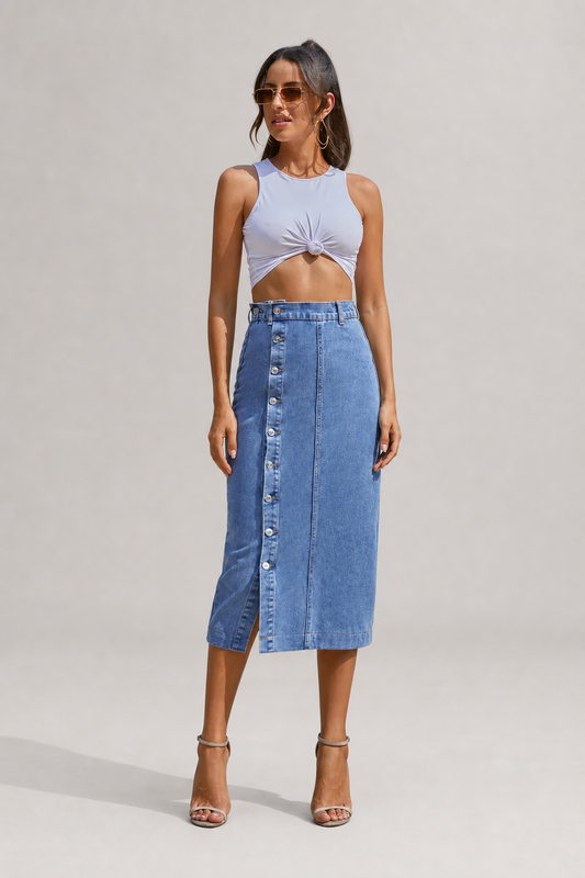 Billie High Waisted Straight Cut Denim Midi Skirt