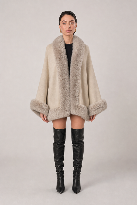 Bess Faux Fur Collar Batwing Sleeve Knit Cardigan