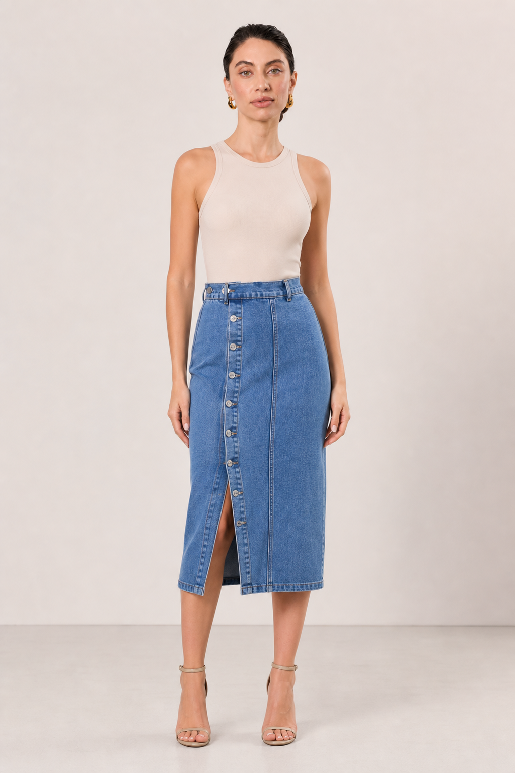 Billie High Waisted Straight Cut Denim Midi Skirt