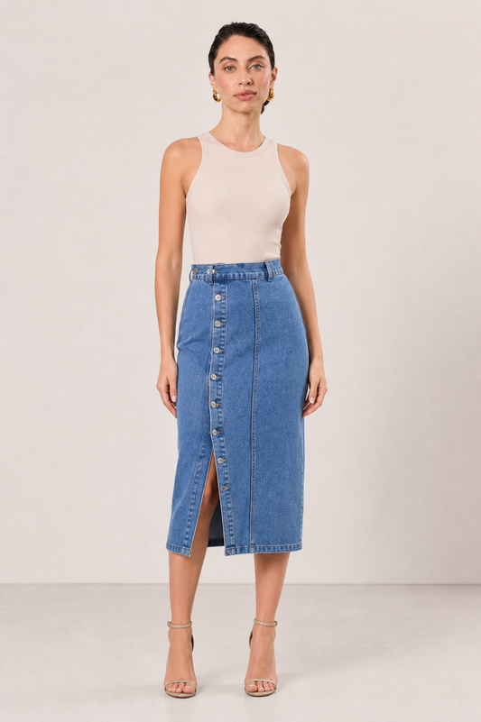 Billie High Waisted Straight Cut Denim Midi Skirt