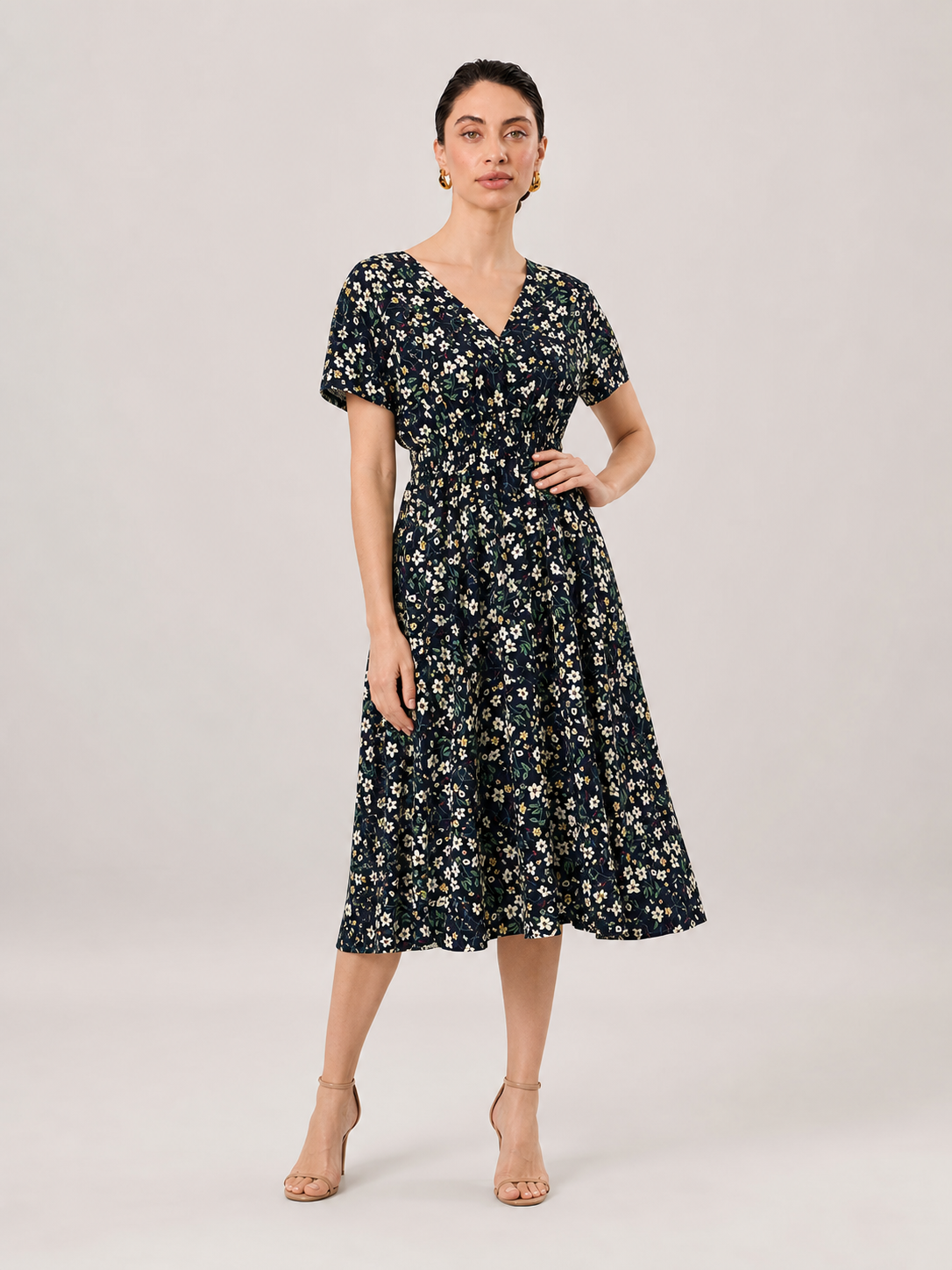 Margaux Boho Floral V-Neck Short Sleeve Midi Dress