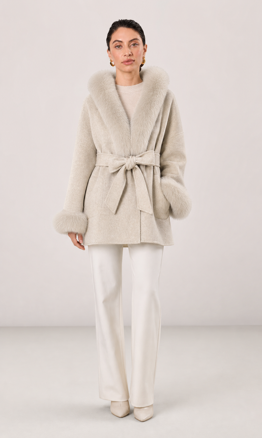 Oona Belted Wool Coat with Fur Trim Hood in Grey