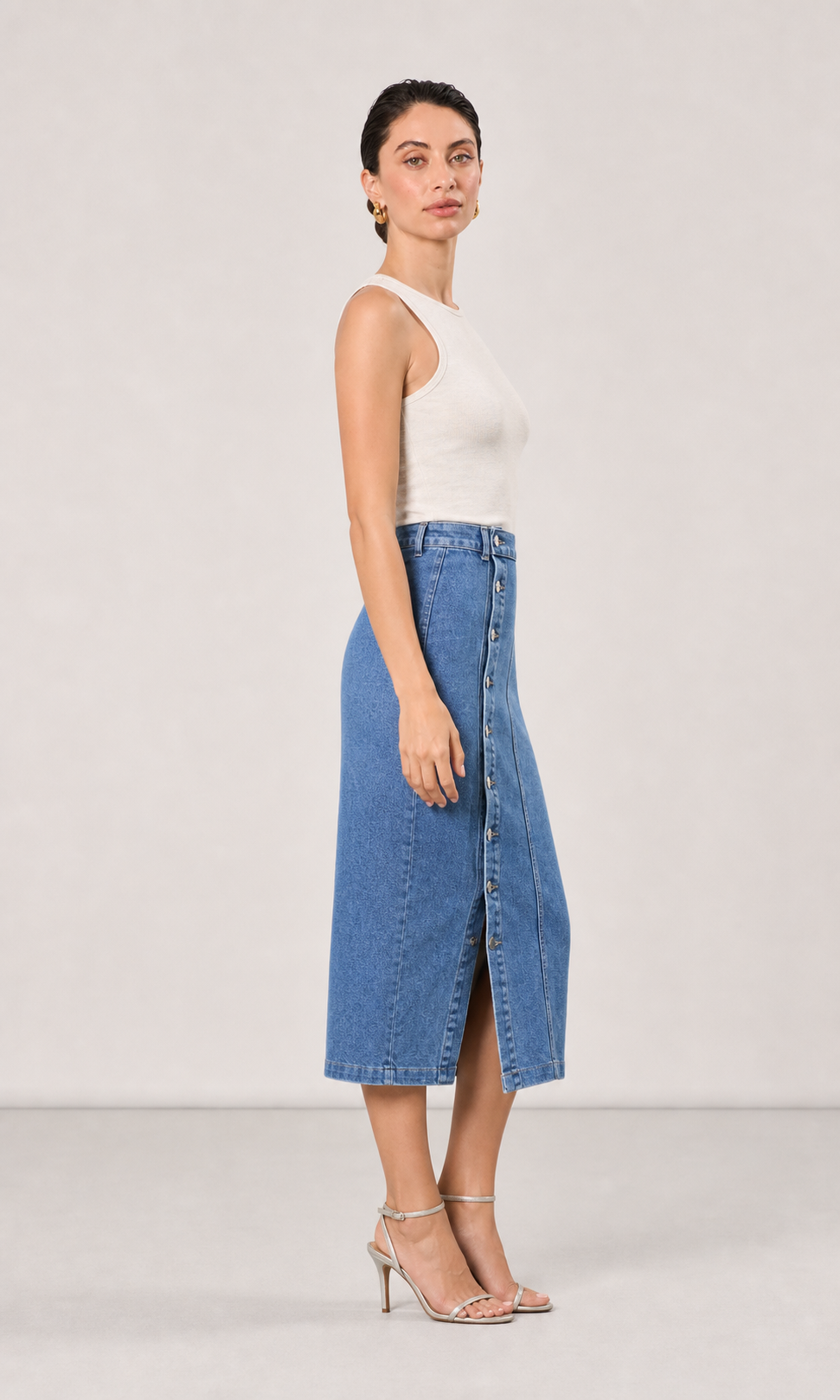 Billie High Waisted Straight Cut Denim Midi Skirt