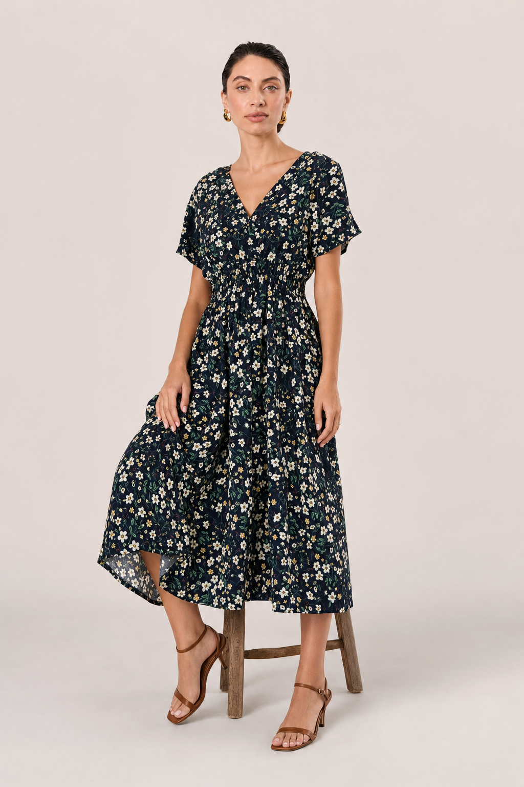 Margaux Boho Floral V-Neck Short Sleeve Midi Dress