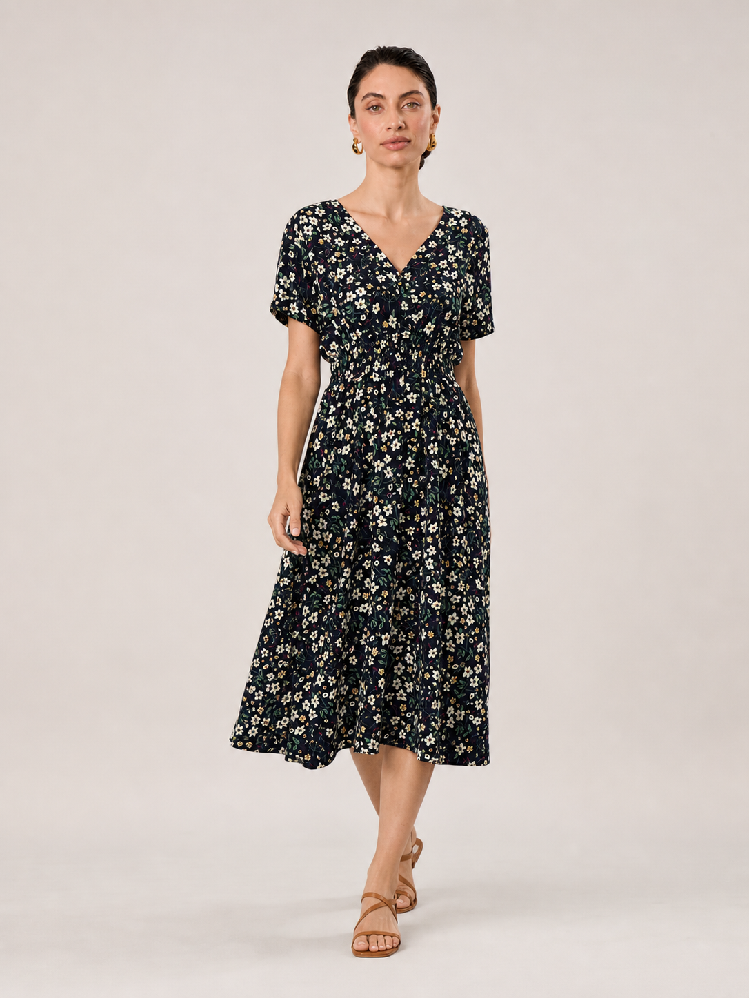 Margaux Boho Floral V-Neck Short Sleeve Midi Dress