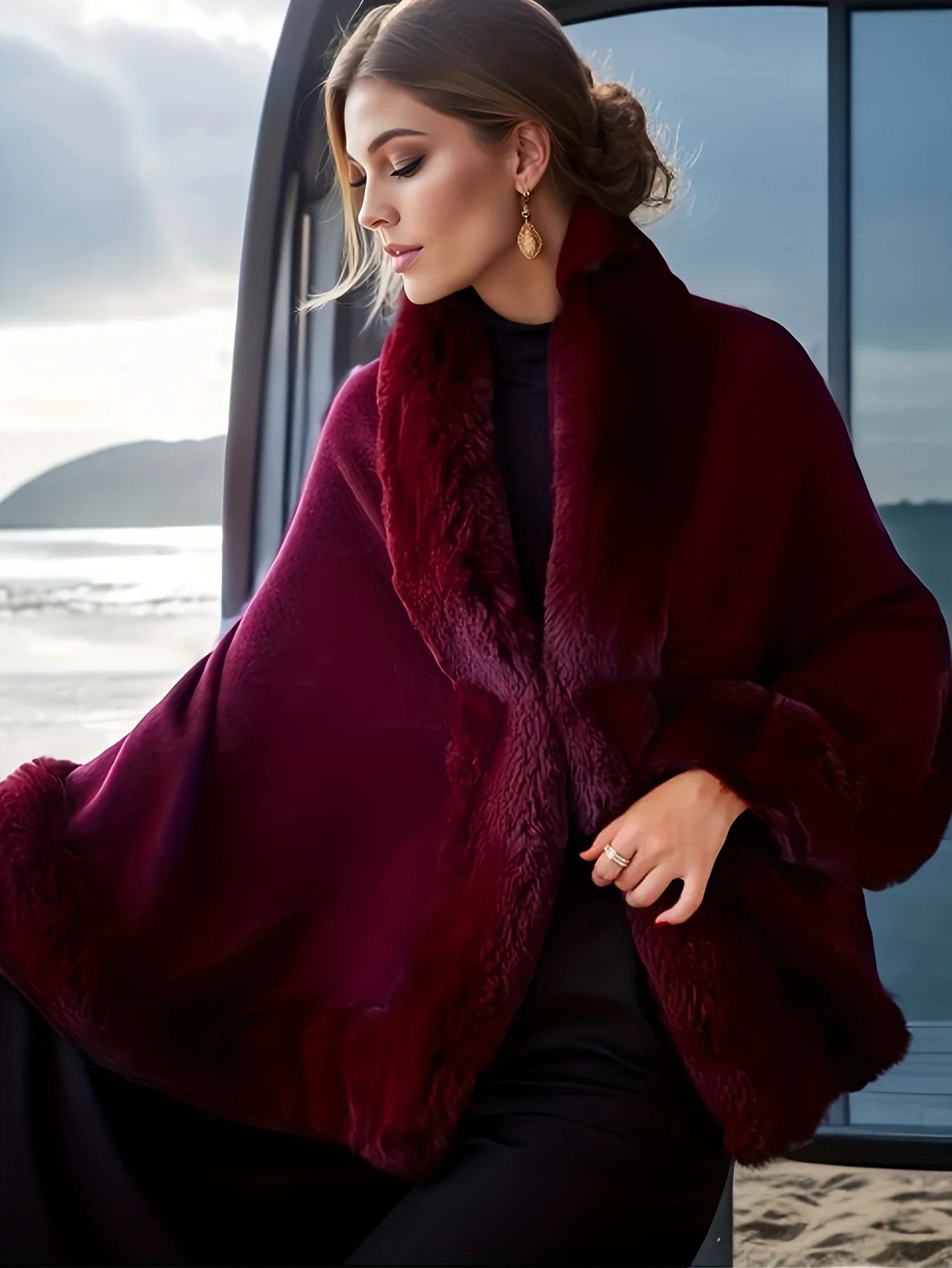 Bess Faux Fur Collar Batwing Sleeve Knit Cardigan