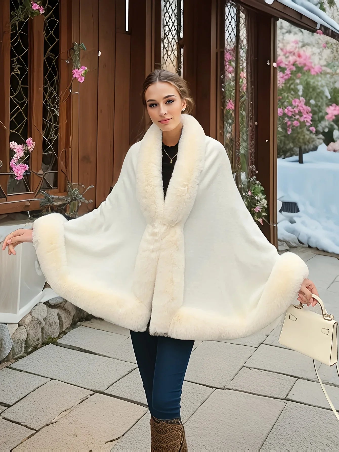 Bess Faux Fur Collar Batwing Sleeve Knit Cardigan