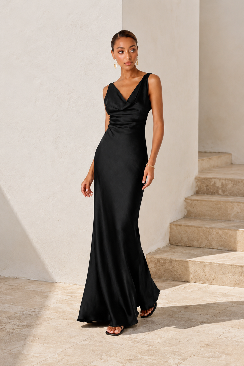 Willa Satin Cowl Neck Scoop Back Maxi Dress in Black